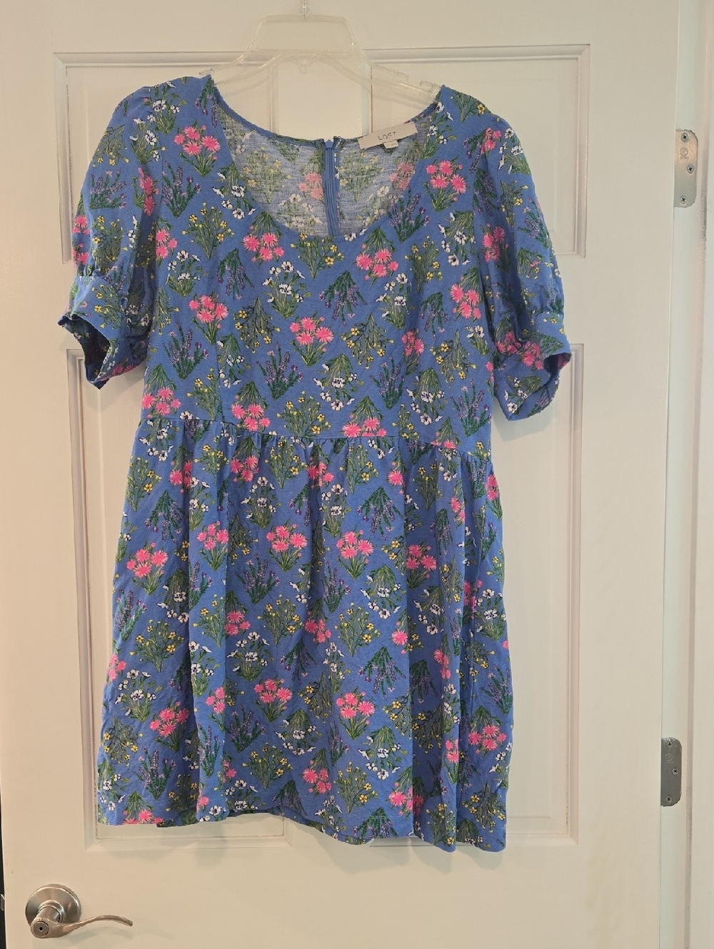 LOFT Blue Floral Short-Sleeve Babydoll Dress